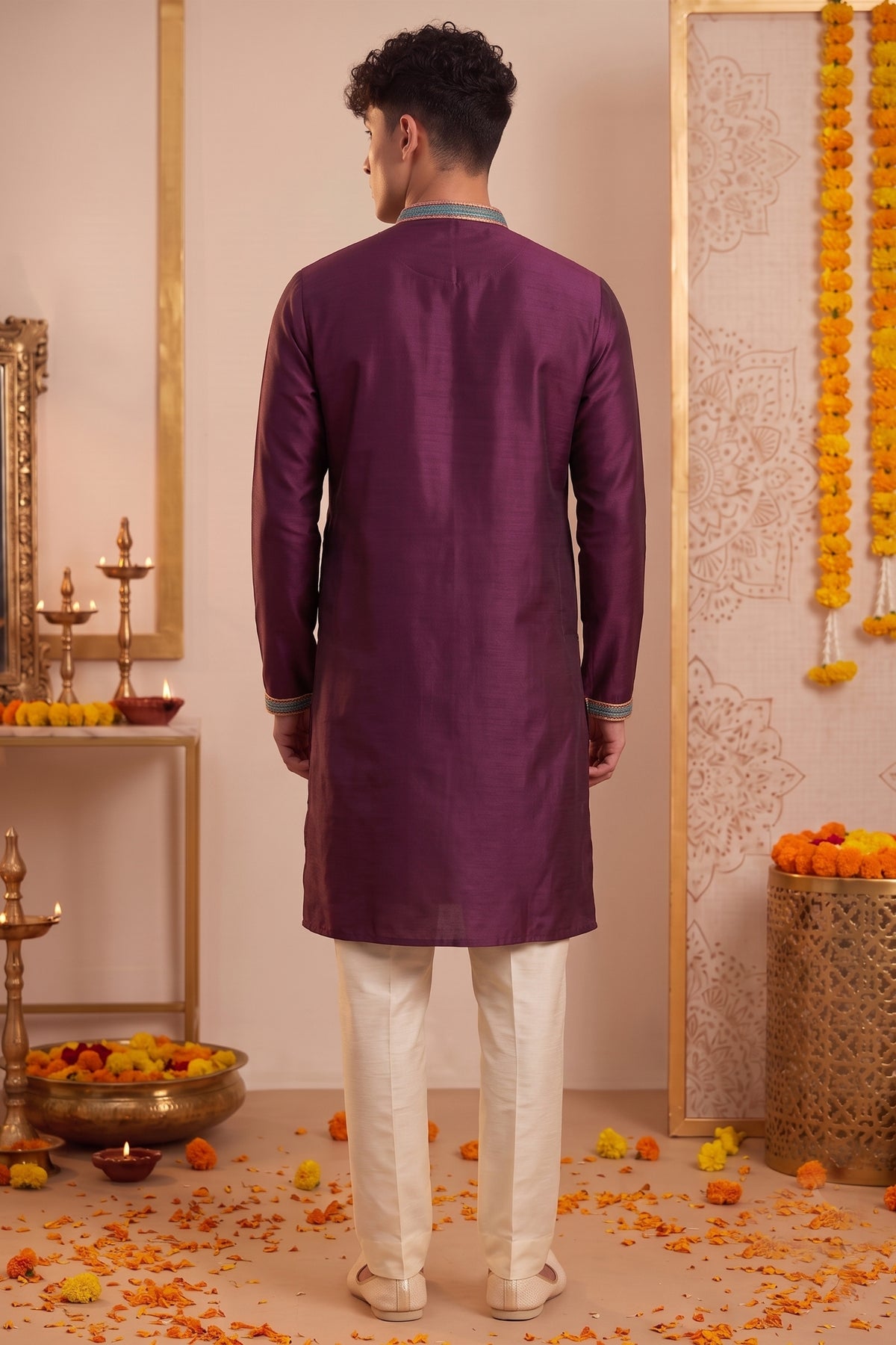 Attractive Wine Synthetic Silk Embroidered Kurta Pajama Set for Men with Dandiya Work