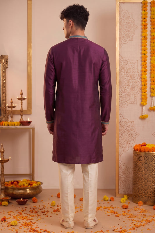 Attractive Wine Synthetic Silk Embroidered Kurta Pajama Set for Men with Dandiya Work