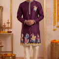 Attractive Wine Synthetic Silk Embroidered Kurta Pajama Set for Men with Dandiya Work