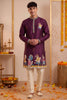 Attractive Wine Synthetic Silk Embroidered Kurta Pajama Set for Men with Dandiya Work