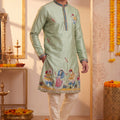 Refreshing Mint Green Synthetic Silk Embroidered Kurta Pajama Set for Men with Dandiya Work