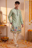 Refreshing Mint Green Synthetic Silk Embroidered Kurta Pajama Set for Men with Dandiya Work