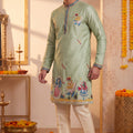 Refreshing Mint Green Synthetic Silk Embroidered Kurta Pajama Set for Men with Dandiya Work