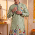 Refreshing Mint Green Synthetic Silk Embroidered Kurta Pajama Set for Men with Dandiya Work