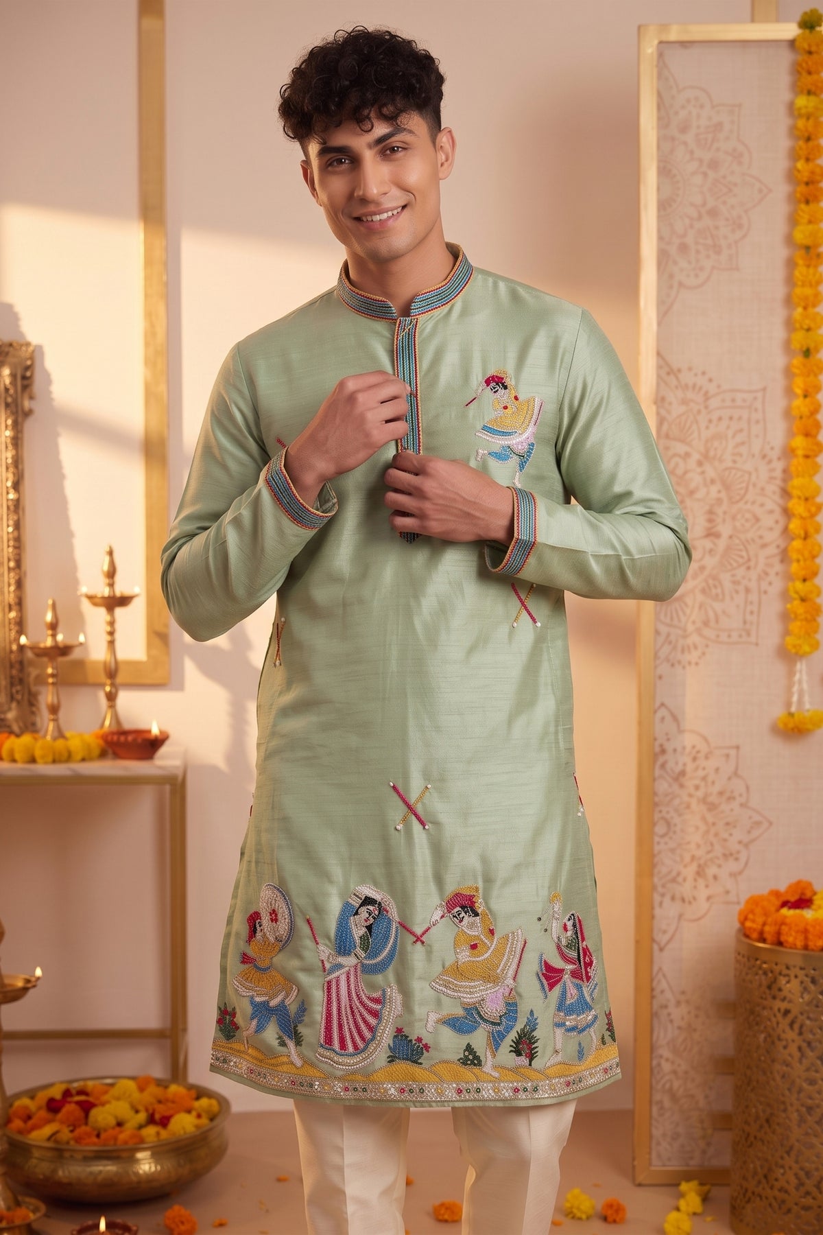Refreshing Mint Green Synthetic Silk Embroidered Kurta Pajama Set for Men with Dandiya Work