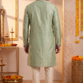 Refreshing Mint Green Synthetic Silk Embroidered Kurta Pajama Set for Men with Dandiya Work