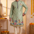 Refreshing Mint Green Synthetic Silk Embroidered Kurta Pajama Set for Men with Dandiya Work