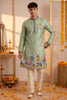 Refreshing Mint Green Synthetic Silk Embroidered Kurta Pajama Set for Men with Dandiya Work