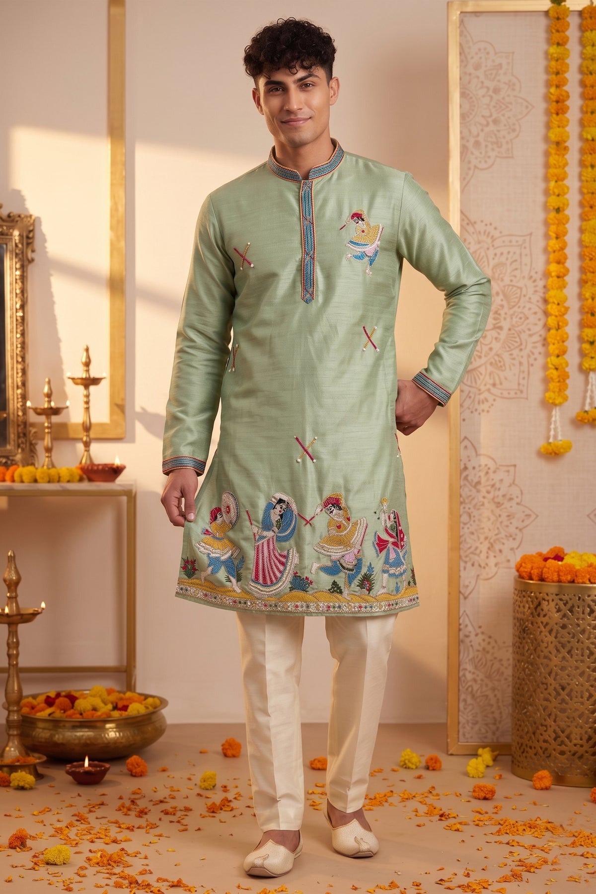 Refreshing Mint Green Synthetic Silk Embroidered Kurta Pajama Set for Men with Dandiya Work