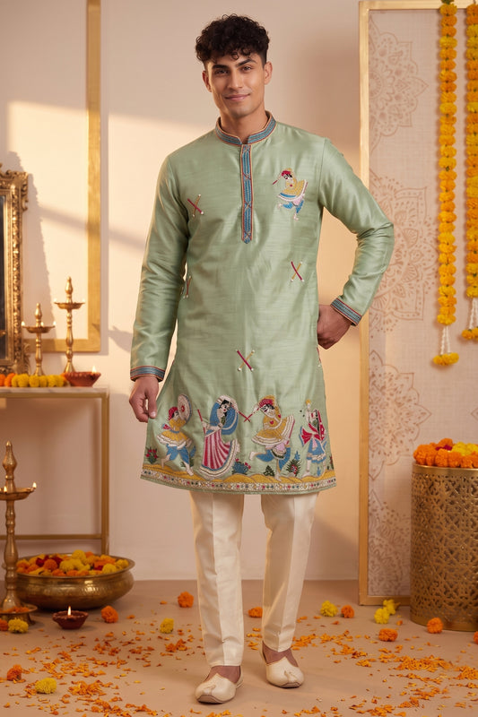 Refreshing Mint Green Synthetic Silk Embroidered Kurta Pajama Set for Men with Dandiya Work