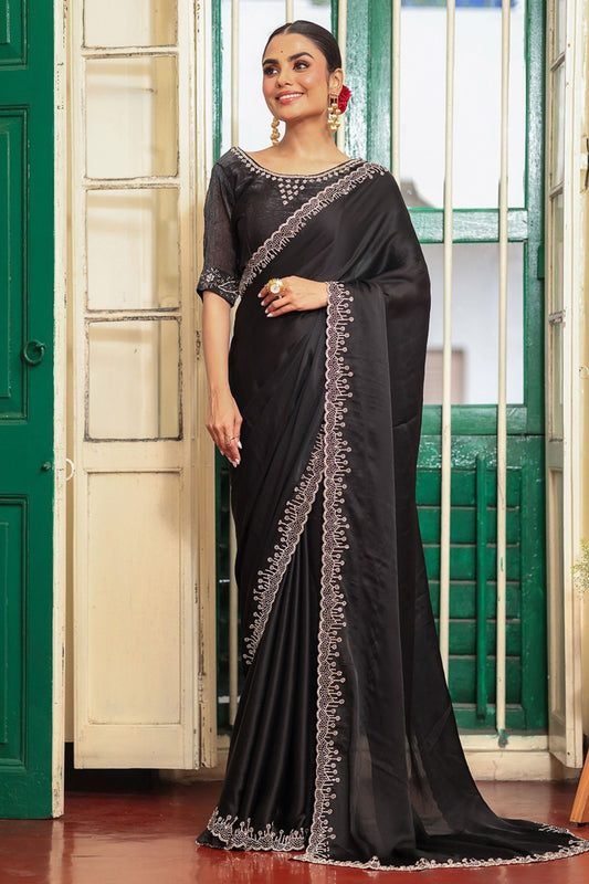 Designer Black Silk Saree with Heavy Embroidered Border Blouse Party Wear