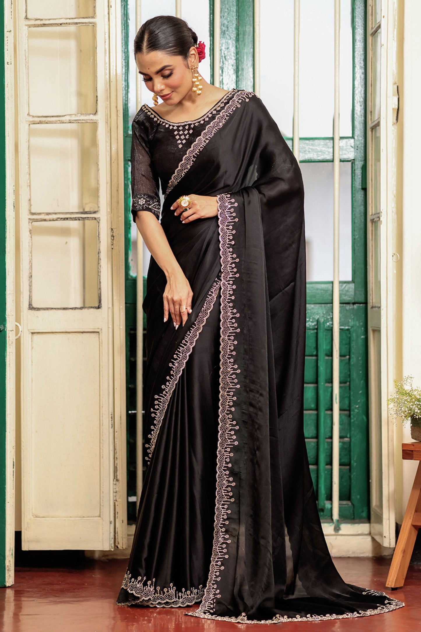 Designer Black Silk Saree with Heavy Embroidered Border Blouse Party Wear