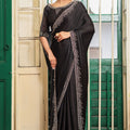 Designer Black Silk Saree with Heavy Embroidered Border Blouse Party Wear
