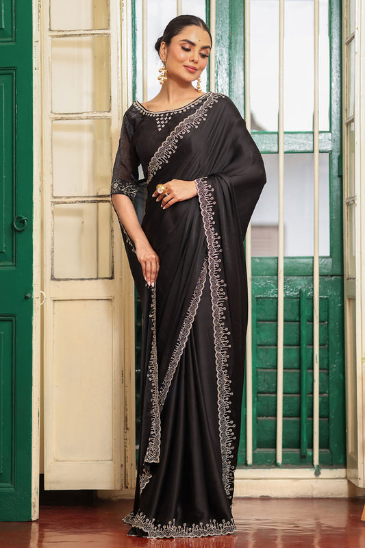 Designer Black Silk Saree with Heavy Embroidered Border Blouse Party Wear