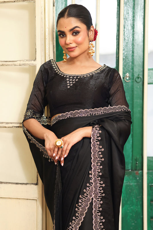 Designer Black Silk Saree with Heavy Embroidered Border Blouse Party Wear