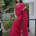 Red Organza Saree with Embroidered Border Designer Blouse