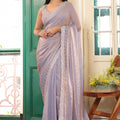 Lavender Satin Silk Saree with Embroidered Border Designer Blouse