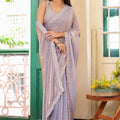 Lavender Satin Silk Saree with Embroidered Border Designer Blouse