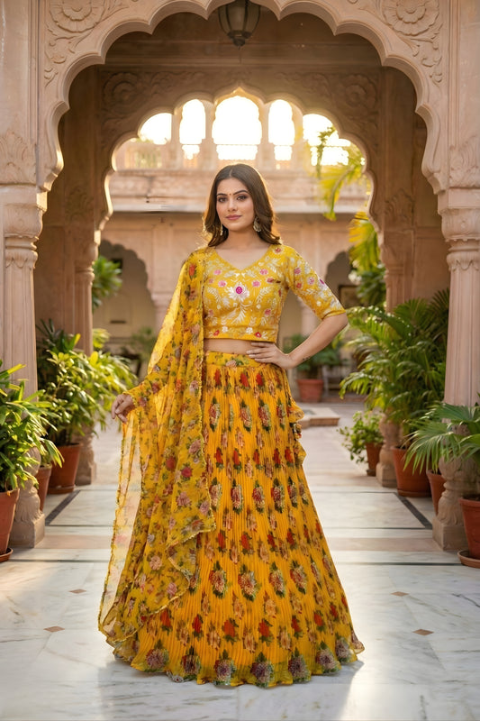 Amazing Yellow Floral Printed Organza Lehenga Choli Set with Dupatta for Haldi Ceremony