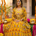 Amazing Yellow Floral Printed Organza Lehenga Choli Set with Dupatta for Haldi Ceremony