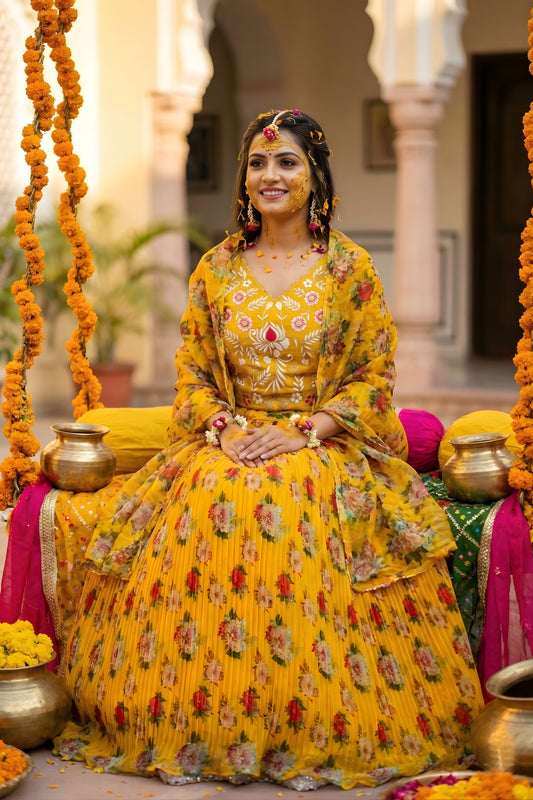 Amazing Yellow Floral Printed Organza Lehenga Choli Set with Dupatta for Haldi Ceremony