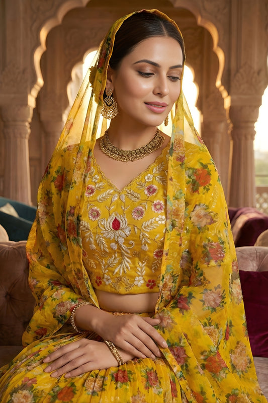 Amazing Yellow Floral Printed Organza Lehenga Choli Set with Dupatta for Haldi Ceremony