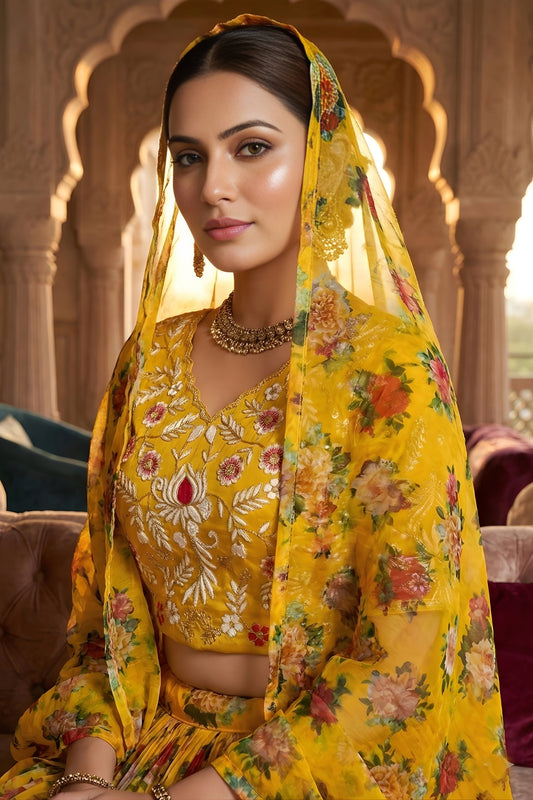 Amazing Yellow Floral Printed Organza Lehenga Choli Set with Dupatta for Haldi Ceremony