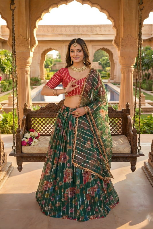 Designer Green Floral Printed Organza Lehenga Choli Set with Dupatta for Wedding