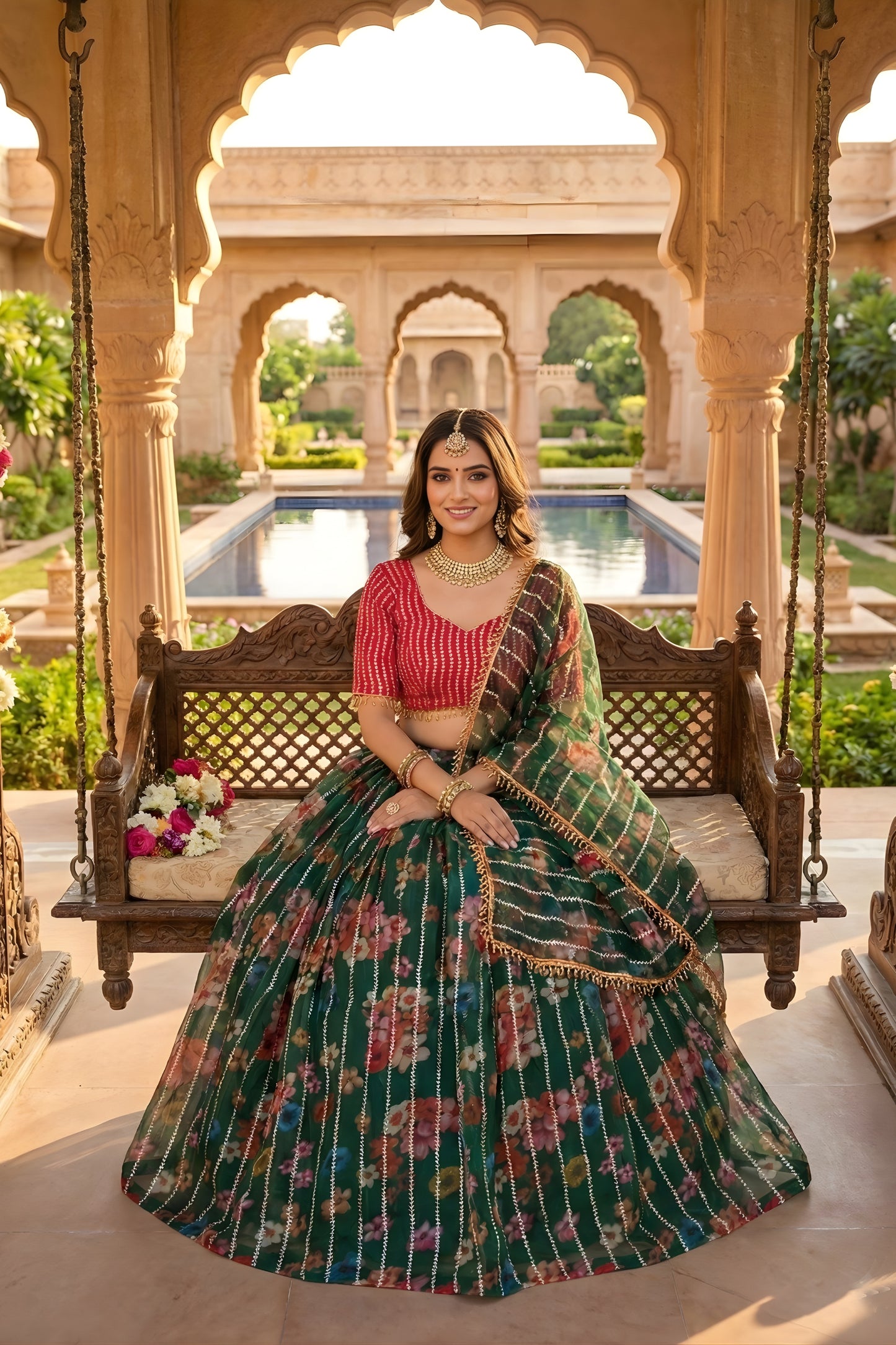 Designer Green Floral Printed Organza Lehenga Choli Set with Dupatta for Wedding