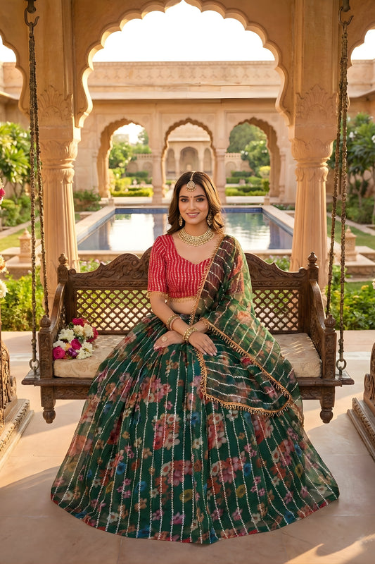 Designer Green Floral Printed Organza Lehenga Choli Set with Dupatta for Wedding