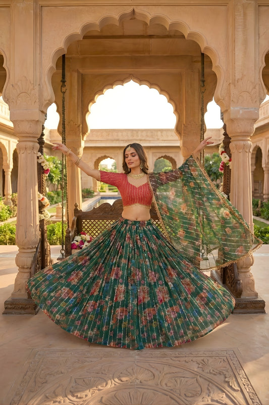 Designer Green Floral Printed Organza Lehenga Choli Set with Dupatta for Wedding