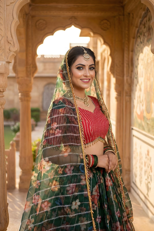 Designer Green Floral Printed Organza Lehenga Choli Set with Dupatta for Wedding