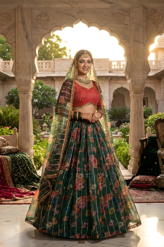 Designer Green Floral Printed Organza Lehenga Choli Set with Dupatta for Wedding
