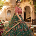 Stylish Dark Green Floral Organza Lehenga Choli Set with Red Blouse for Wedding
