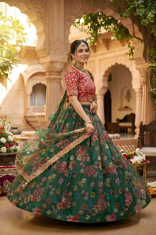 Stylish Dark Green Floral Organza Lehenga Choli Set with Red Blouse for Wedding