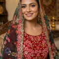 Stylish Dark Green Floral Organza Lehenga Choli Set with Red Blouse for Wedding