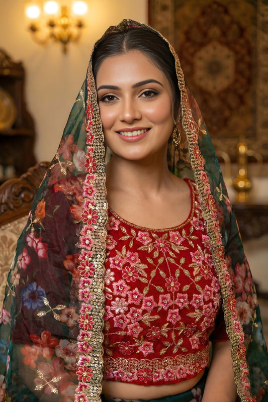 Stylish Dark Green Floral Organza Lehenga Choli Set with Red Blouse for Wedding