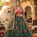 Stylish Dark Green Floral Organza Lehenga Choli Set with Red Blouse for Wedding