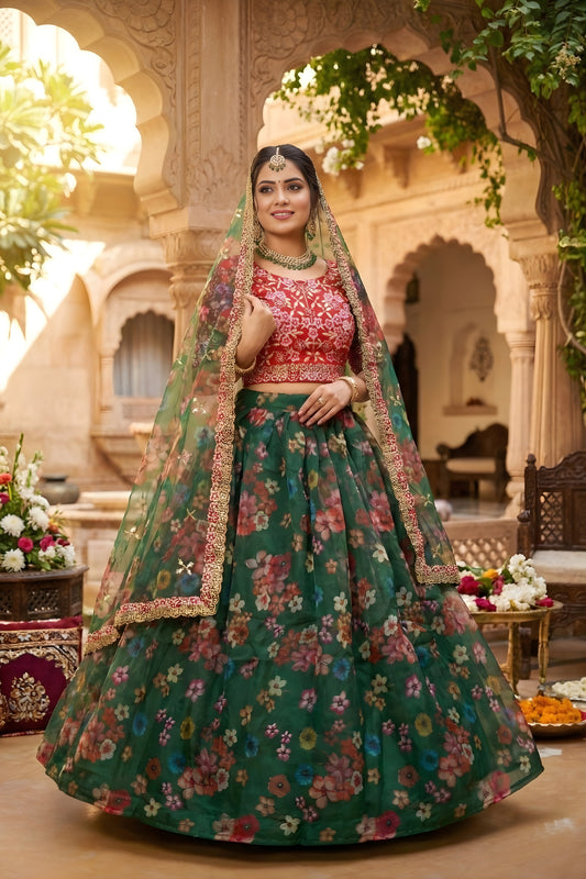 Stylish Dark Green Floral Organza Lehenga Choli Set with Red Blouse for Wedding