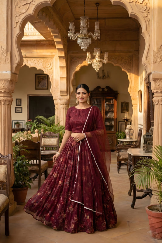 Unique Maroon Floral Printed Organza Lehenga Choli Set with Dupatta for Wedding