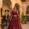 Unique Maroon Floral Printed Organza Lehenga Choli Set with Dupatta for Wedding