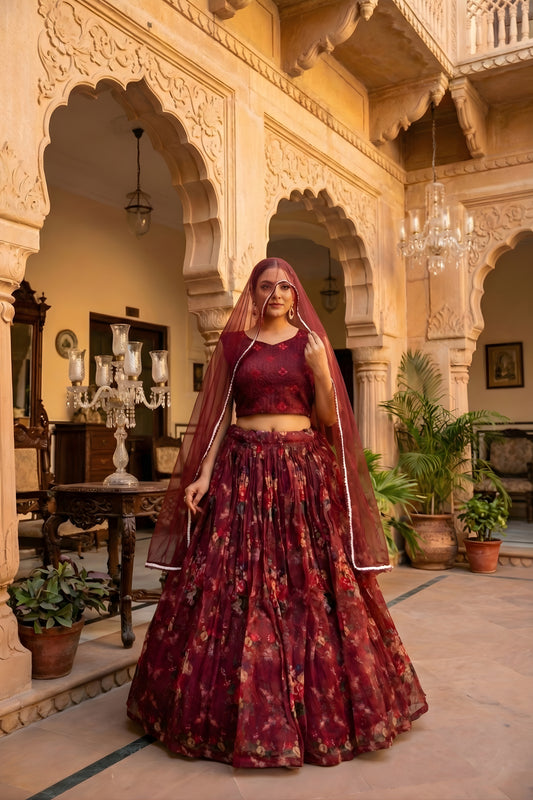 Unique Maroon Floral Printed Organza Lehenga Choli Set with Dupatta for Wedding