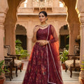 Unique Maroon Floral Printed Organza Lehenga Choli Set with Dupatta for Wedding