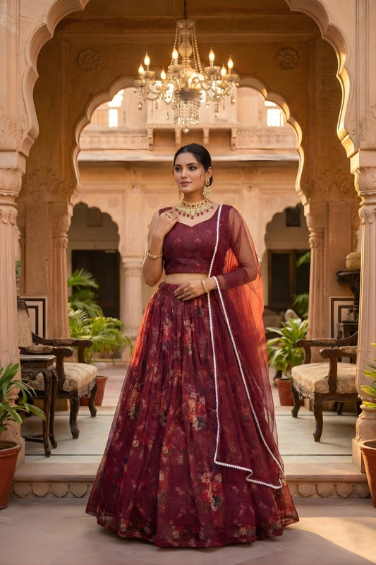 Unique Maroon Floral Printed Organza Lehenga Choli Set with Dupatta for Wedding