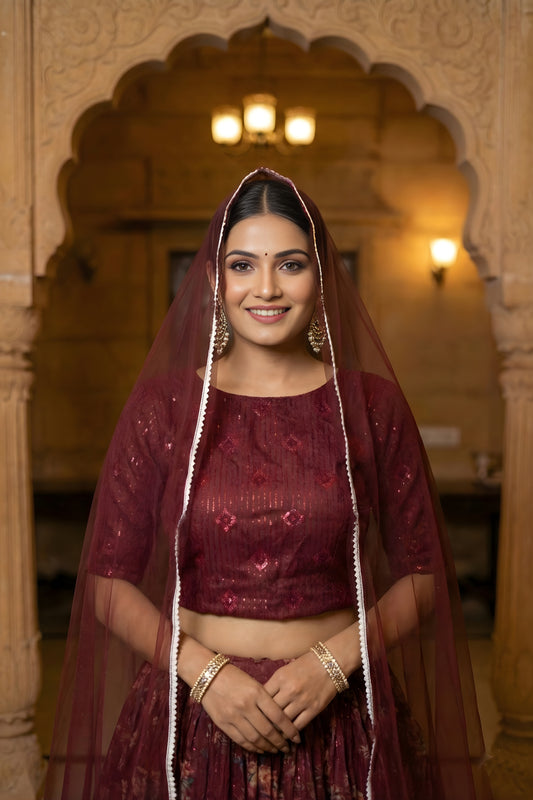 Unique Maroon Floral Printed Organza Lehenga Choli Set with Dupatta for Wedding