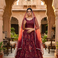 Unique Maroon Floral Printed Organza Lehenga Choli Set with Dupatta for Wedding