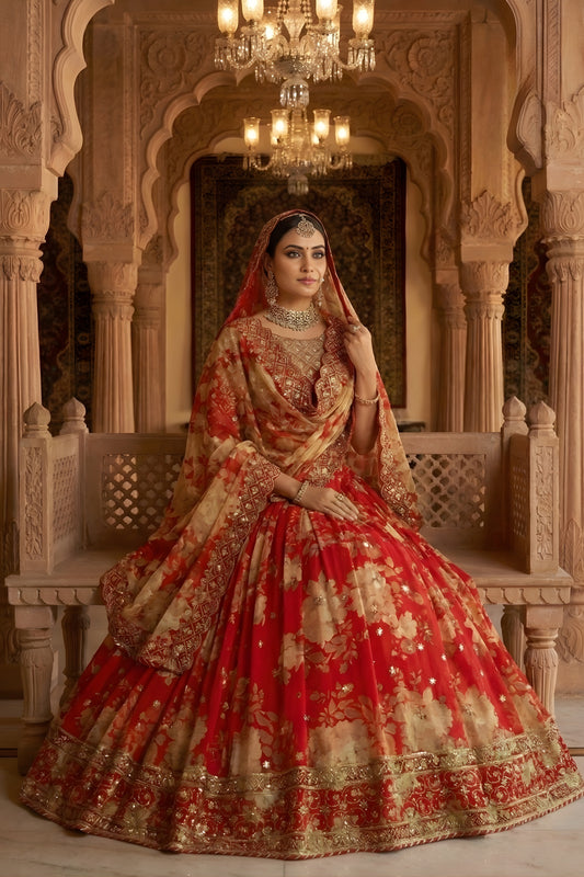 Royal Red Floral Embroidered Georgette Bridal Lehenga Choli with Soft Net Dupatta for Wedding