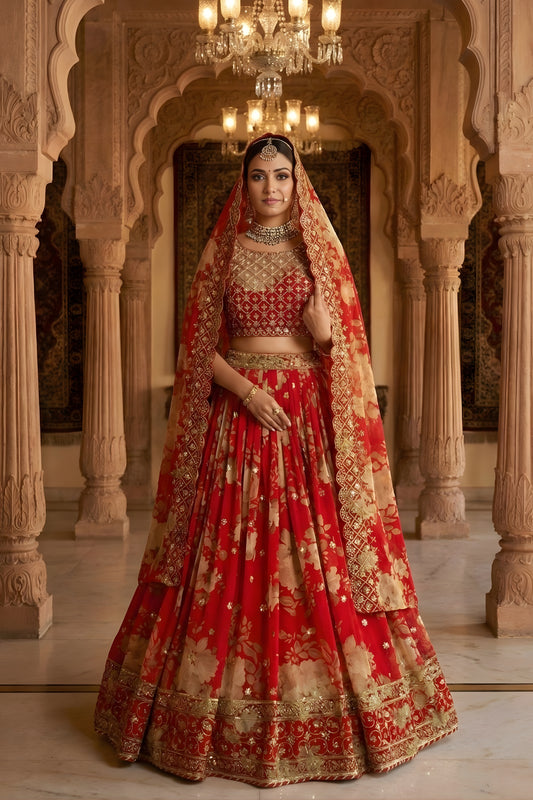 Royal Red Floral Embroidered Georgette Bridal Lehenga Choli with Soft Net Dupatta for Wedding