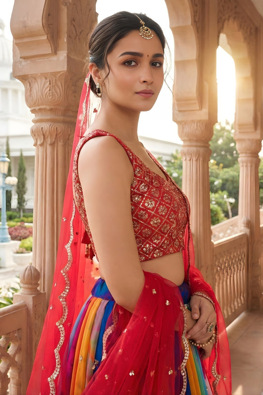 Vibrant Multicolor Printed Georgette Lehenga Choli with Embroidered Blouse and Soft Net Dupatta