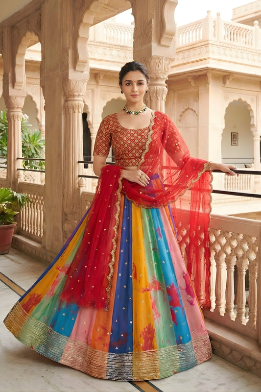 Vibrant Multicolor Printed Georgette Lehenga Choli with Embroidered Blouse and Soft Net Dupatta